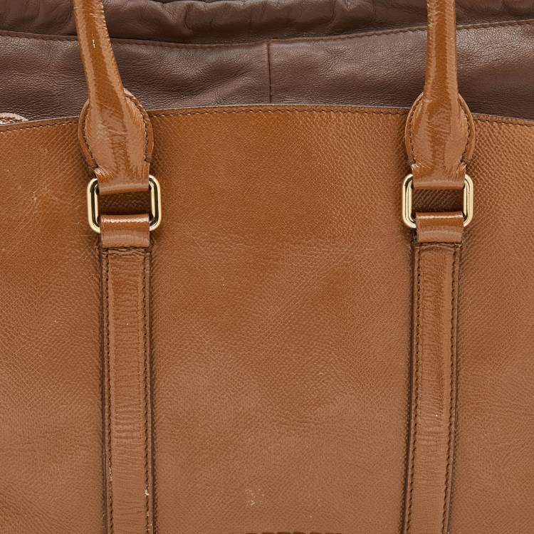 Pre Owned Burberry Brown/Tan Patent and Leather Drawstring Tote