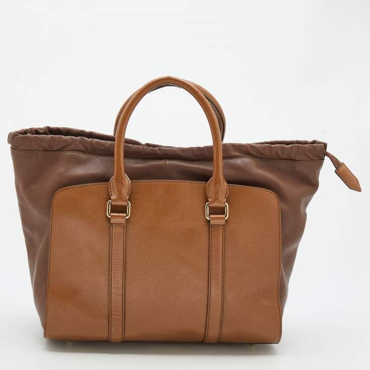 Pre Owned Burberry Brown/Tan Patent and Leather Drawstring Tote