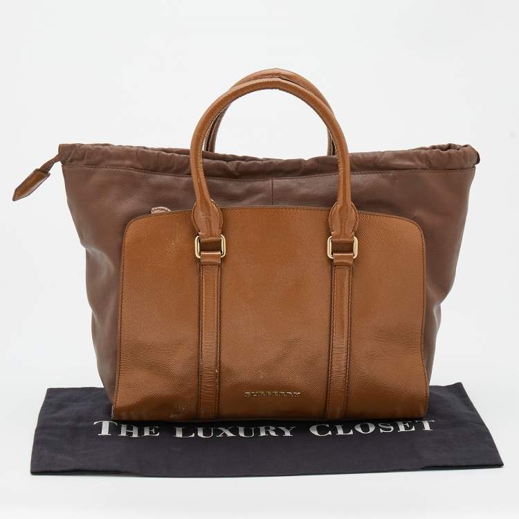 Pre Owned Burberry Brown/Tan Patent and Leather Drawstring Tote