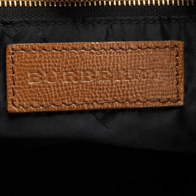 Pre Owned Burberry Brown/Tan Patent and Leather Drawstring Tote