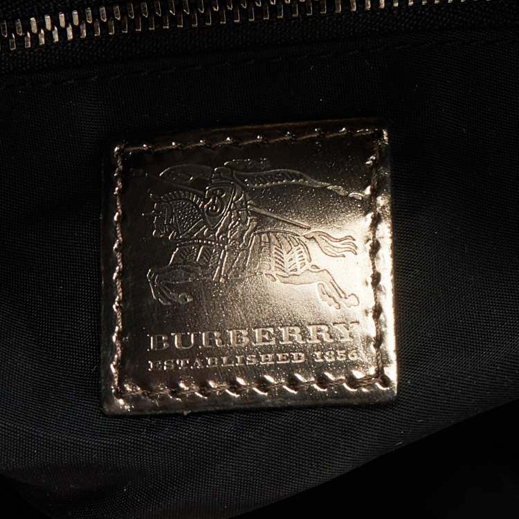 Pre Owned Burberry Grey/Metallic Beat Check Nylon and Patent Leather Medium Lowry Tote