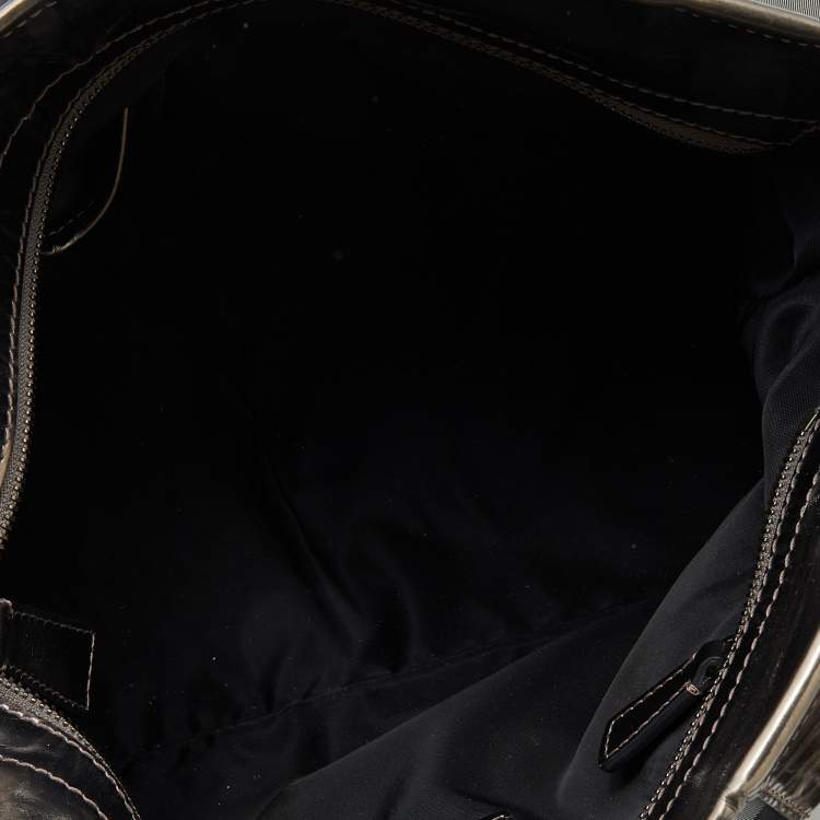 Pre Owned Burberry Grey/Metallic Beat Check Nylon and Patent Leather Medium Lowry Tote