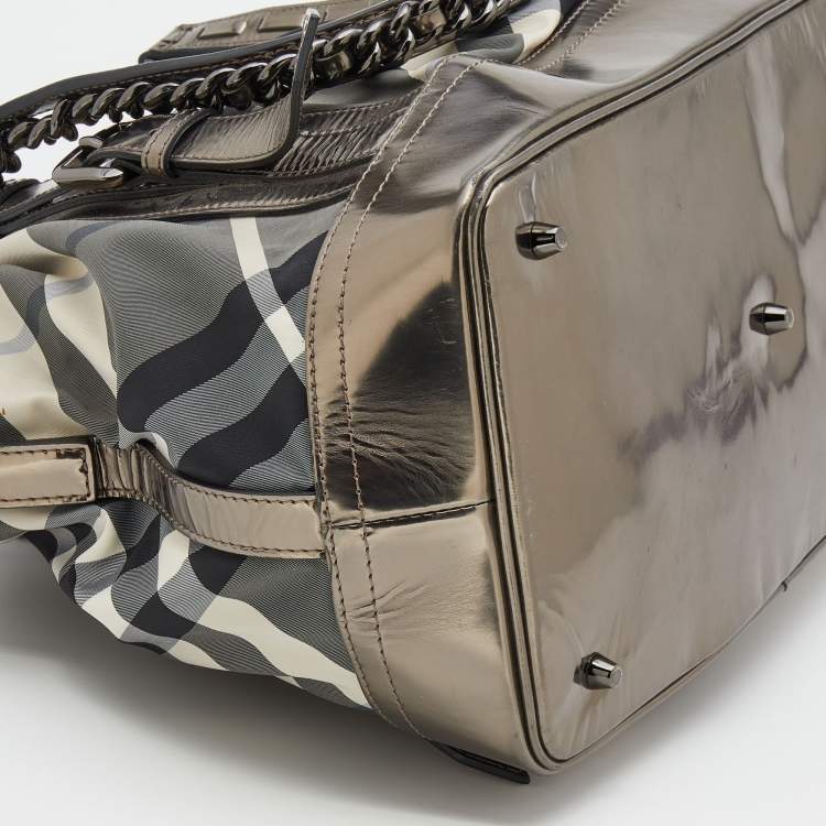 Pre Owned Burberry Grey/Metallic Beat Check Nylon and Patent Leather Medium Lowry Tote