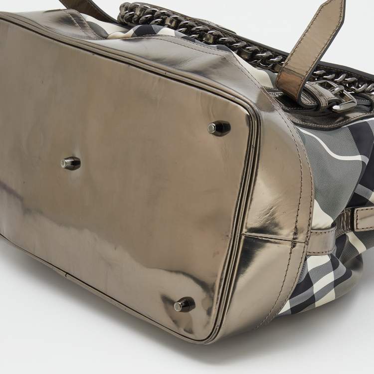 Pre Owned Burberry Grey/Metallic Beat Check Nylon and Patent Leather Medium Lowry Tote