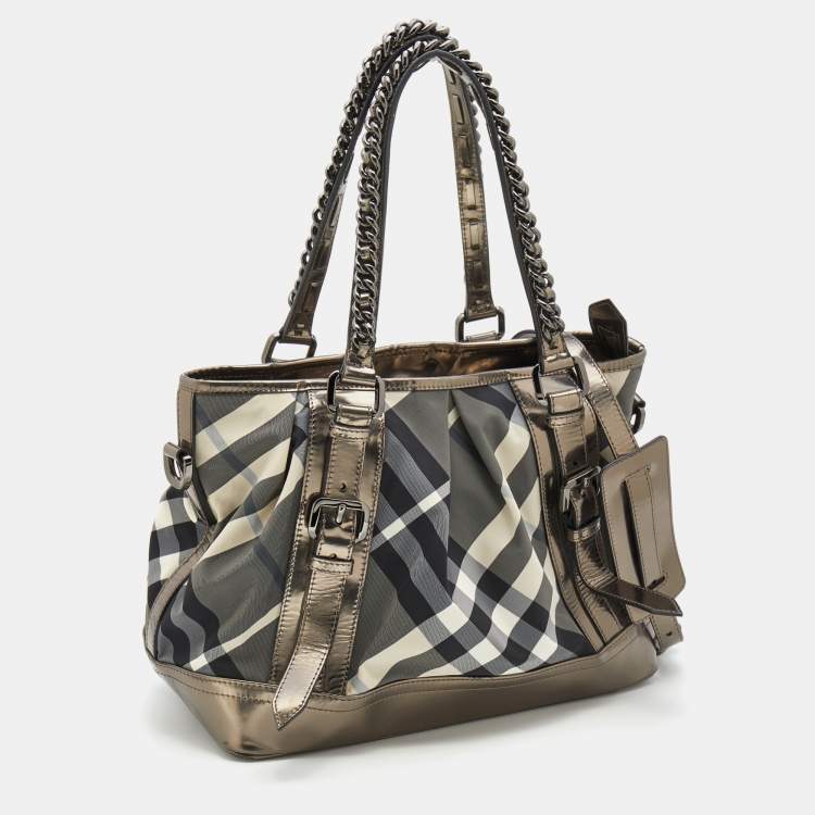 Pre Owned Burberry Grey/Metallic Beat Check Nylon and Patent Leather Medium Lowry Tote