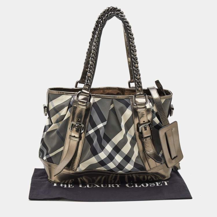 Pre Owned Burberry Grey/Metallic Beat Check Nylon and Patent Leather Medium Lowry Tote
