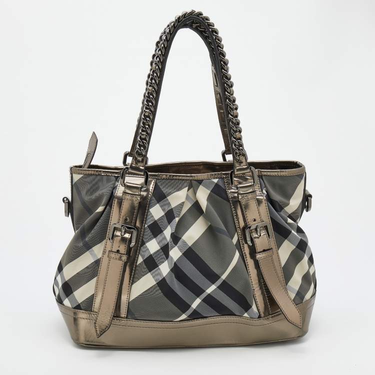 Pre Owned Burberry Grey/Metallic Beat Check Nylon and Patent Leather Medium Lowry Tote