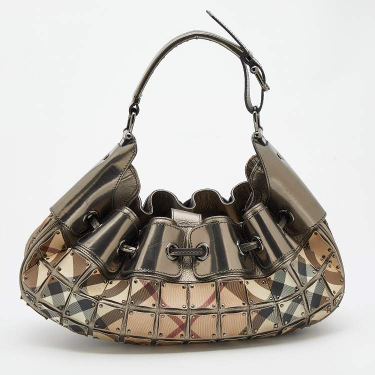 Pre Owned Burberry Beige/Metallic Grey Super Nova Check PVC And Leather Mini Warrior Studded Hobo