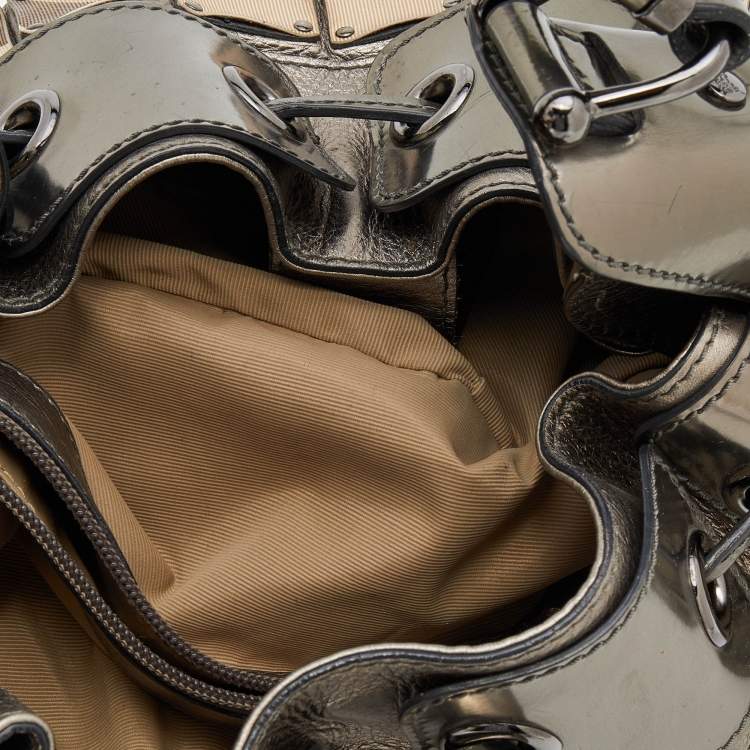 Pre Owned Burberry Beige/Metallic Grey Super Nova Check PVC And Leather Mini Warrior Studded Hobo