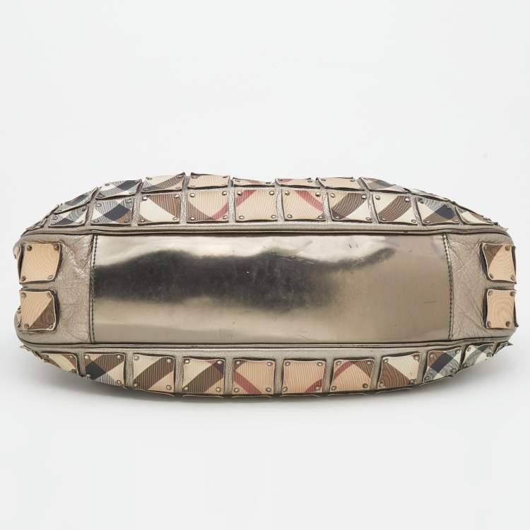 Pre Owned Burberry Beige/Metallic Grey Super Nova Check PVC And Leather Mini Warrior Studded Hobo