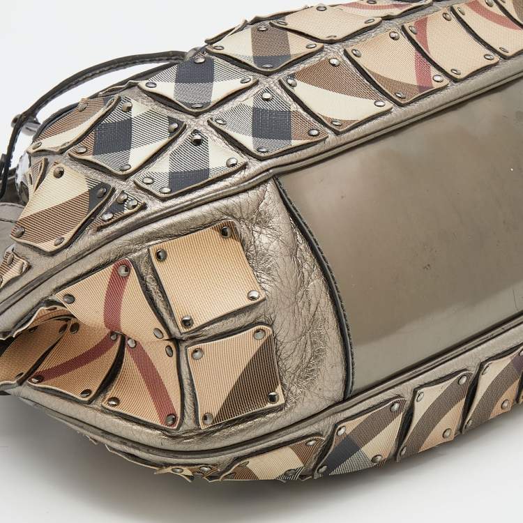 Pre Owned Burberry Beige/Metallic Grey Super Nova Check PVC And Leather Mini Warrior Studded Hobo