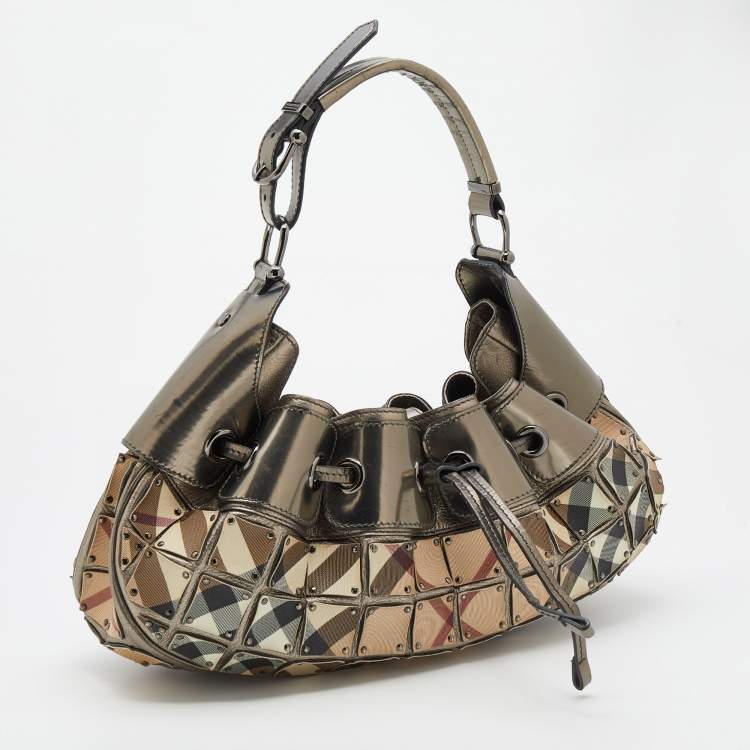 Pre Owned Burberry Beige/Metallic Grey Super Nova Check PVC And Leather Mini Warrior Studded Hobo