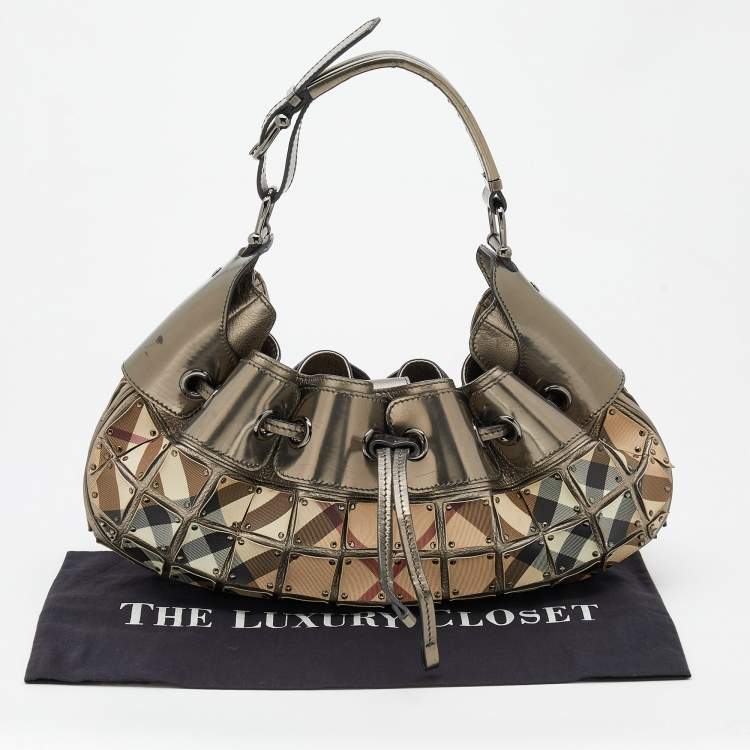 Pre Owned Burberry Beige/Metallic Grey Super Nova Check PVC And Leather Mini Warrior Studded Hobo