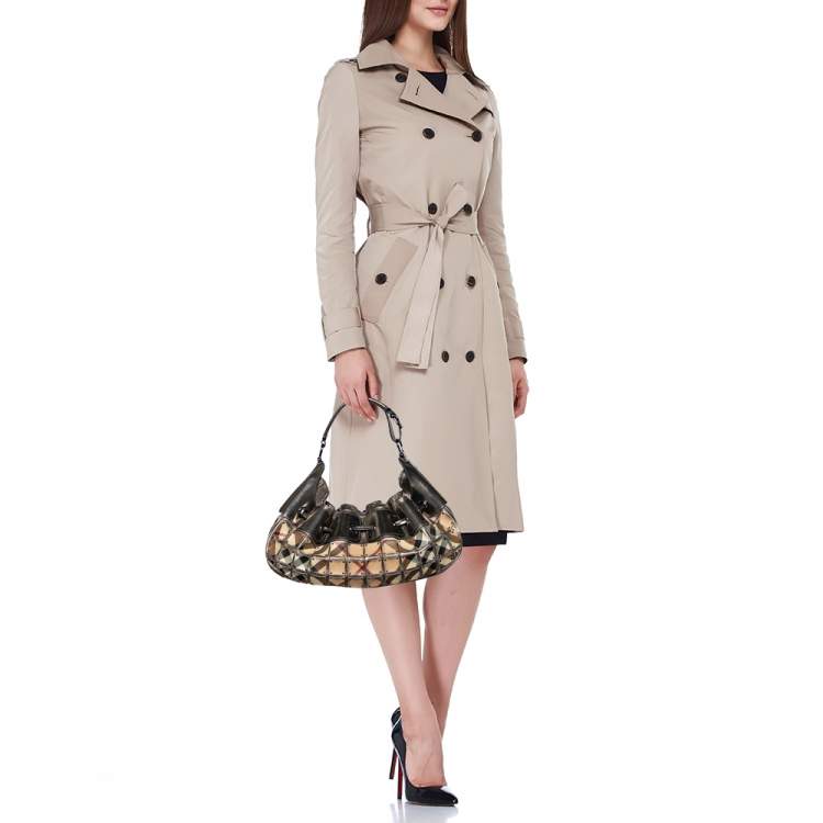 Pre Owned Burberry Beige/Metallic Grey Super Nova Check PVC And Leather Mini Warrior Studded Hobo
