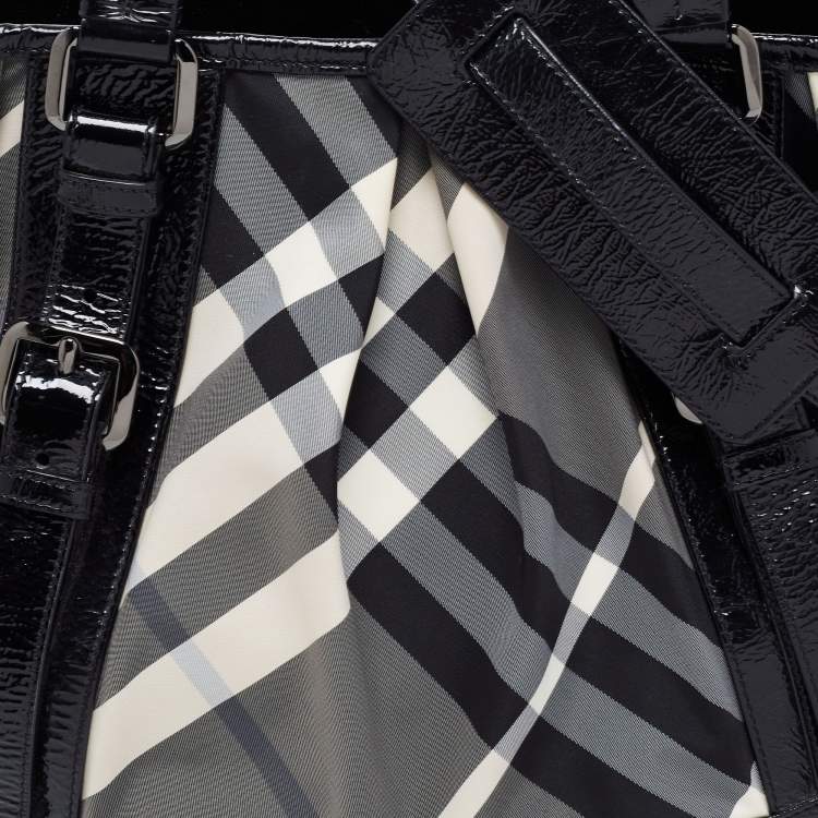 Pre Owned Burberry Grey/Black Beat Check Nylon and Patent Leather Lowry Tote