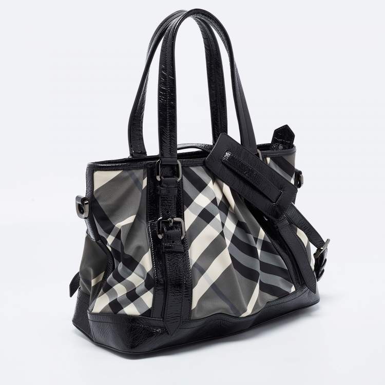 Pre Owned Burberry Grey/Black Beat Check Nylon and Patent Leather Lowry Tote