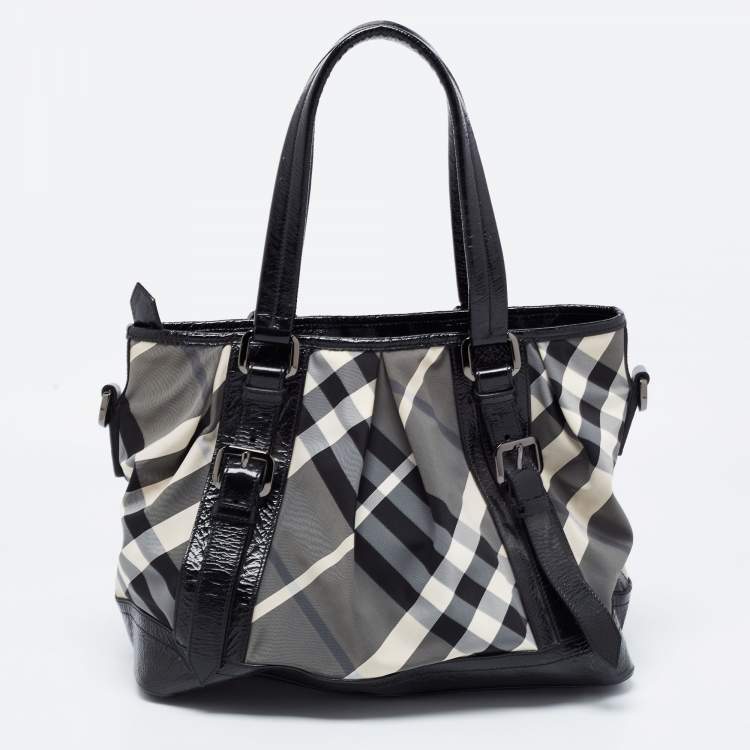 Pre Owned Burberry Grey/Black Beat Check Nylon and Patent Leather Lowry Tote