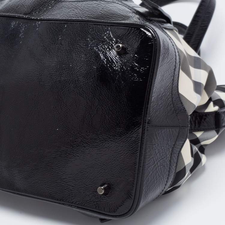 Pre Owned Burberry Grey/Black Beat Check Nylon and Patent Leather Lowry Tote
