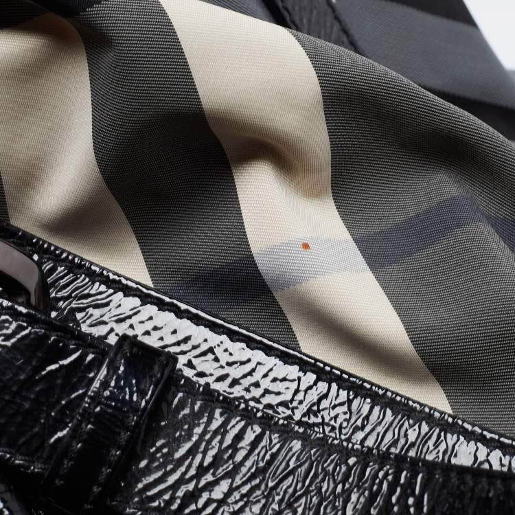 Pre Owned Burberry Grey/Black Beat Check Nylon and Patent Leather Lowry Tote