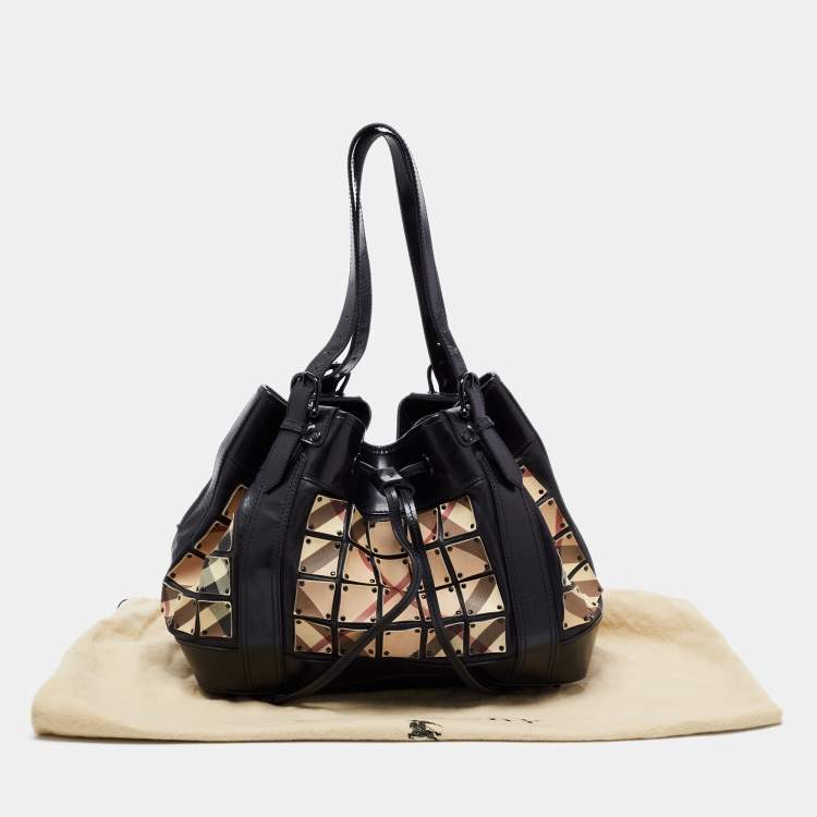Pre Owned Burberry Black Nova Check Canvas and Leather Large Studded Warrior Armor Hobo