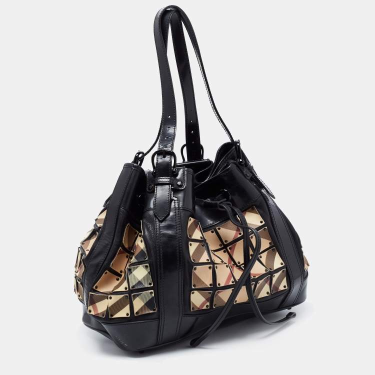 Pre Owned Burberry Black Nova Check Canvas and Leather Large Studded Warrior Armor Hobo