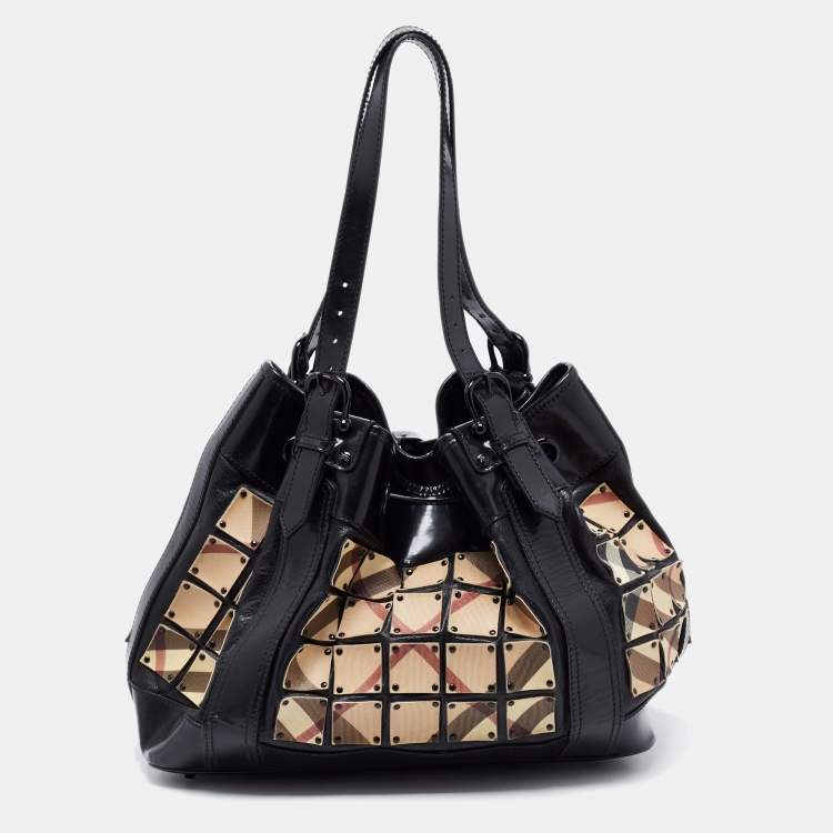 Pre Owned Burberry Black Nova Check Canvas and Leather Large Studded Warrior Armor Hobo