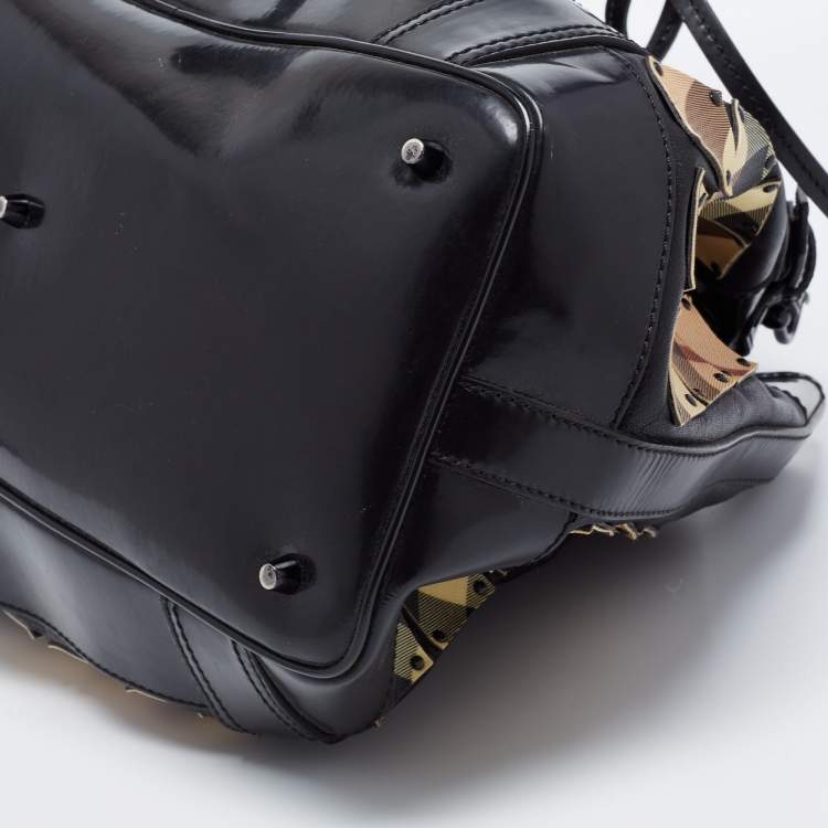 Pre Owned Burberry Black Nova Check Canvas and Leather Large Studded Warrior Armor Hobo