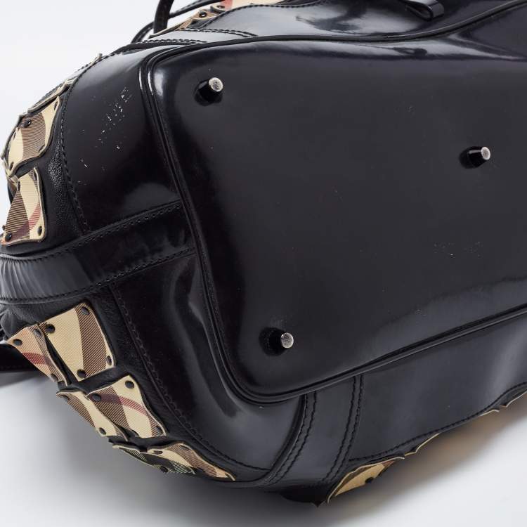 Pre Owned Burberry Black Nova Check Canvas and Leather Large Studded Warrior Armor Hobo