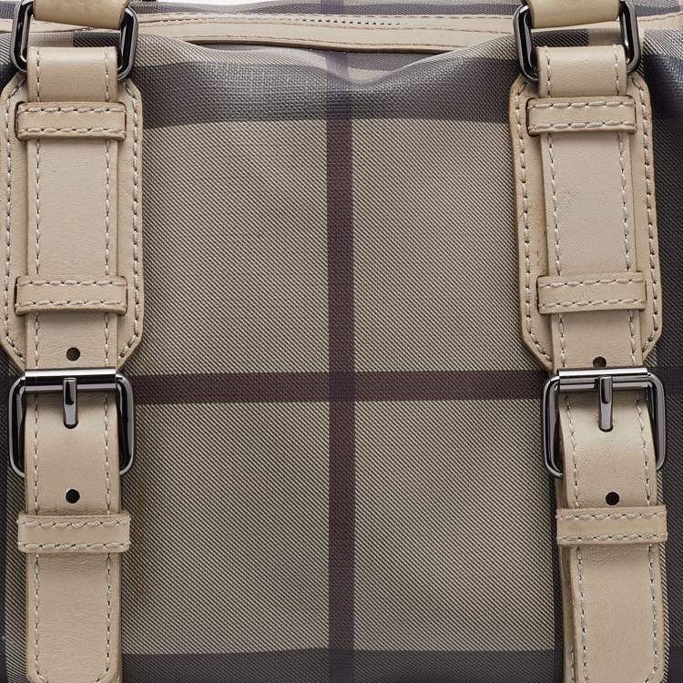 Pre Owned Burberry Beige Smoked Check PVC and Leather Chester Boston Bag