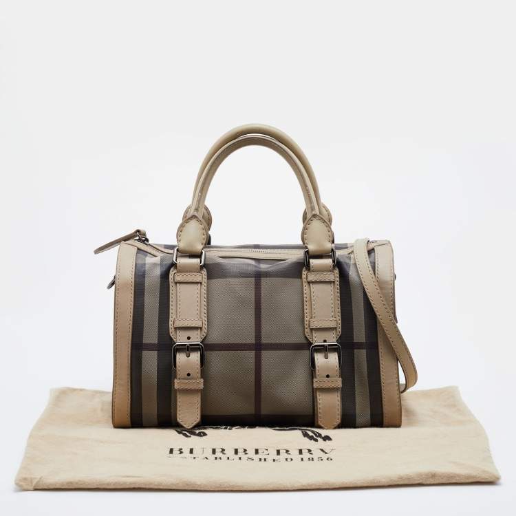 Pre Owned Burberry Beige Smoked Check PVC and Leather Chester Boston Bag