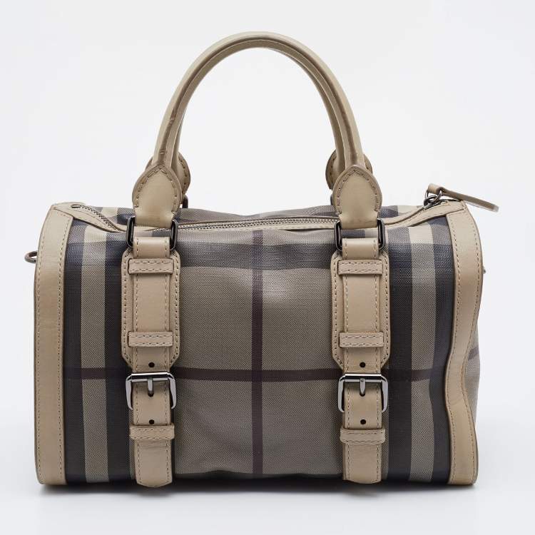 Pre Owned Burberry Beige Smoked Check PVC and Leather Chester Boston Bag