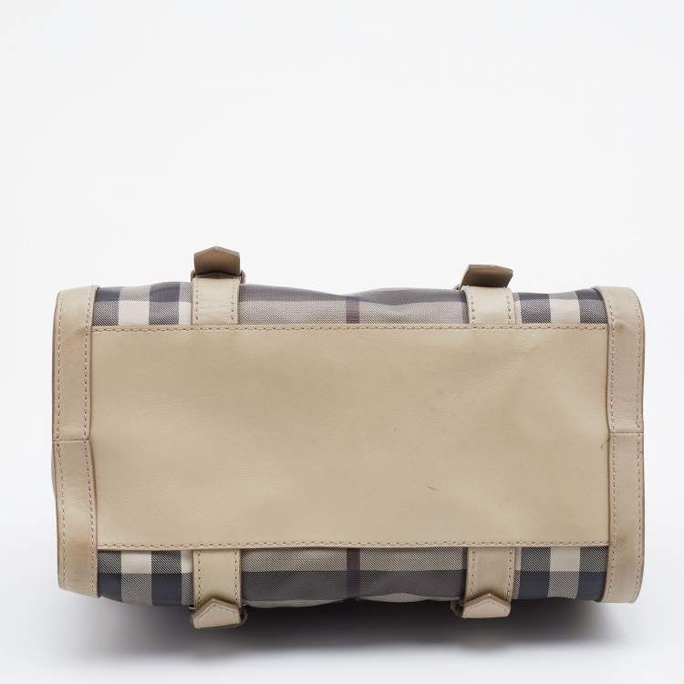 Pre Owned Burberry Beige Smoked Check PVC and Leather Chester Boston Bag