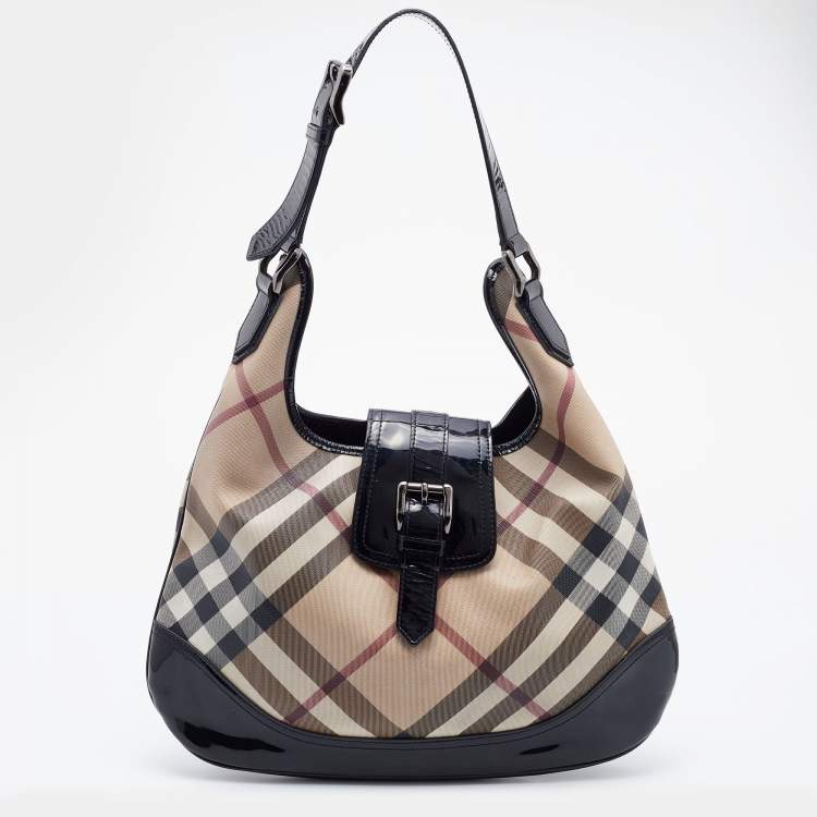 Pre Owned Burberry Black/Beige Nova Check PVC and Patent Leather Brooke Hobo