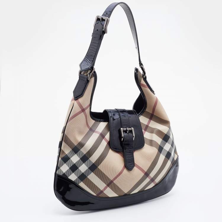 Pre Owned Burberry Black/Beige Nova Check PVC and Patent Leather Brooke Hobo