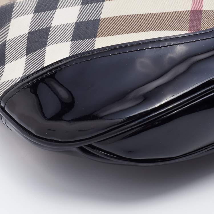 Pre Owned Burberry Black/Beige Nova Check PVC and Patent Leather Brooke Hobo