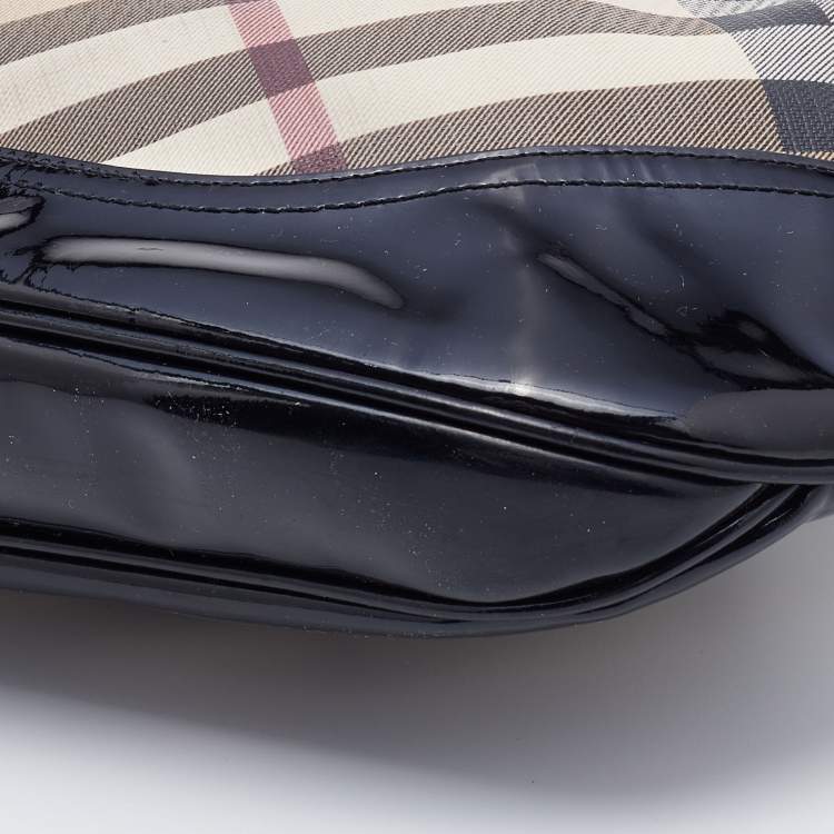 Pre Owned Burberry Black/Beige Nova Check PVC and Patent Leather Brooke Hobo
