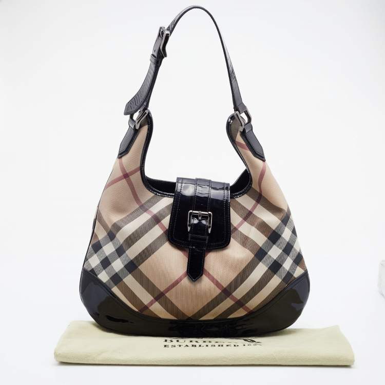 Pre Owned Burberry Black/Beige Nova Check PVC and Patent Leather Brooke Hobo