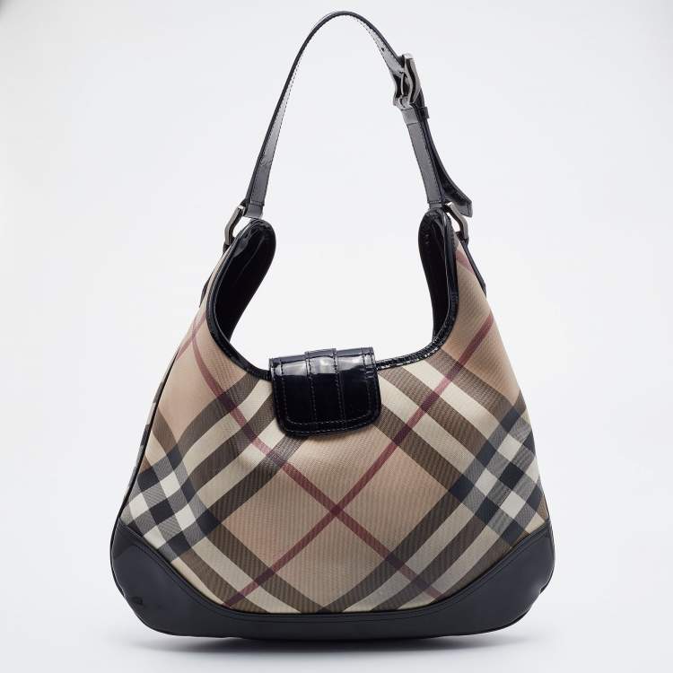 Pre Owned Burberry Black/Beige Nova Check PVC and Patent Leather Brooke Hobo