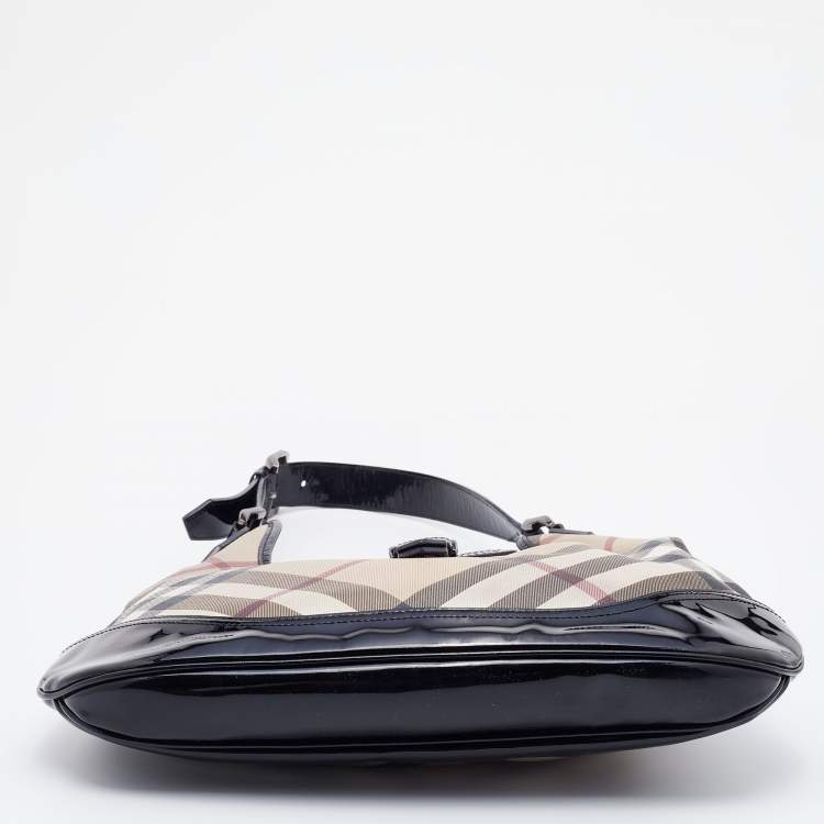 Pre Owned Burberry Black/Beige Nova Check PVC and Patent Leather Brooke Hobo