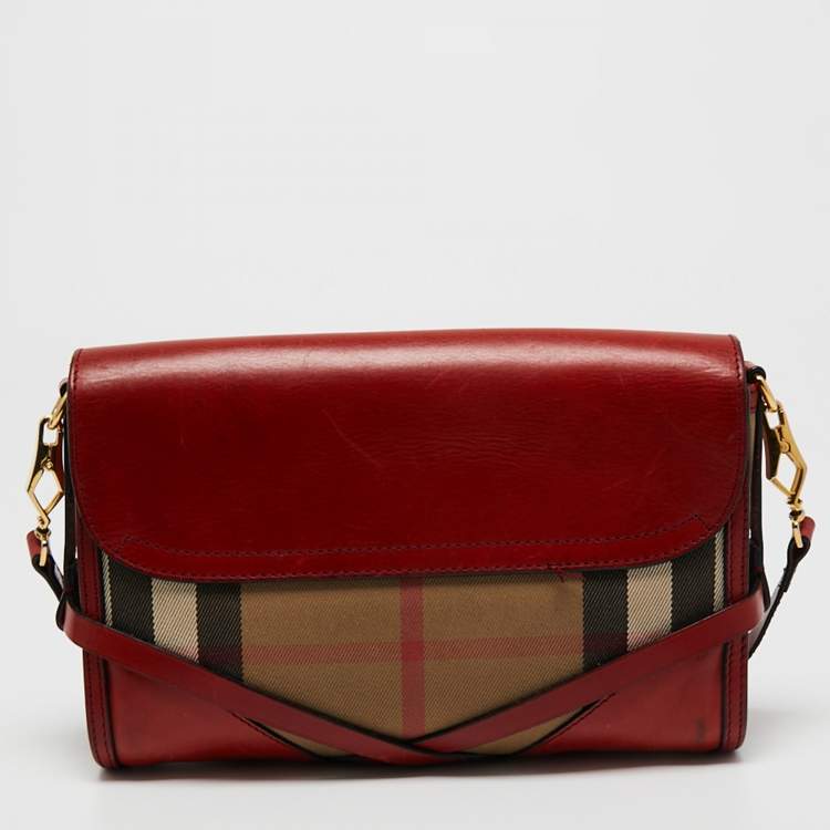 Pre Owned Burberry Red House Check Canvas and Leather Small Abbott Crossbody Bag