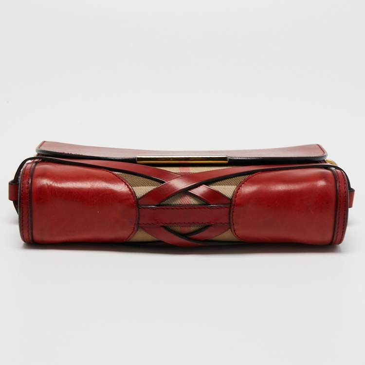 Pre Owned Burberry Red House Check Canvas and Leather Small Abbott Crossbody Bag