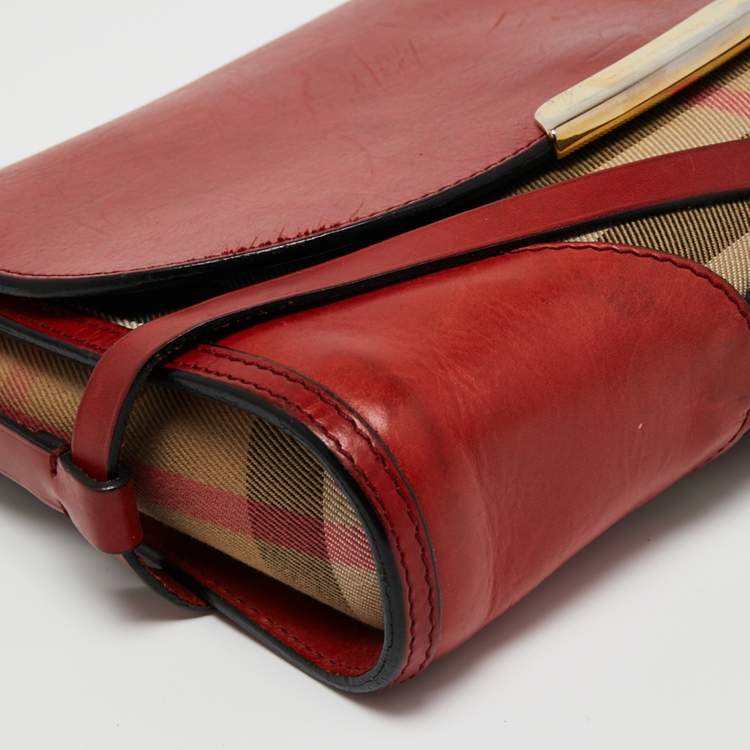 Pre Owned Burberry Red House Check Canvas and Leather Small Abbott Crossbody Bag