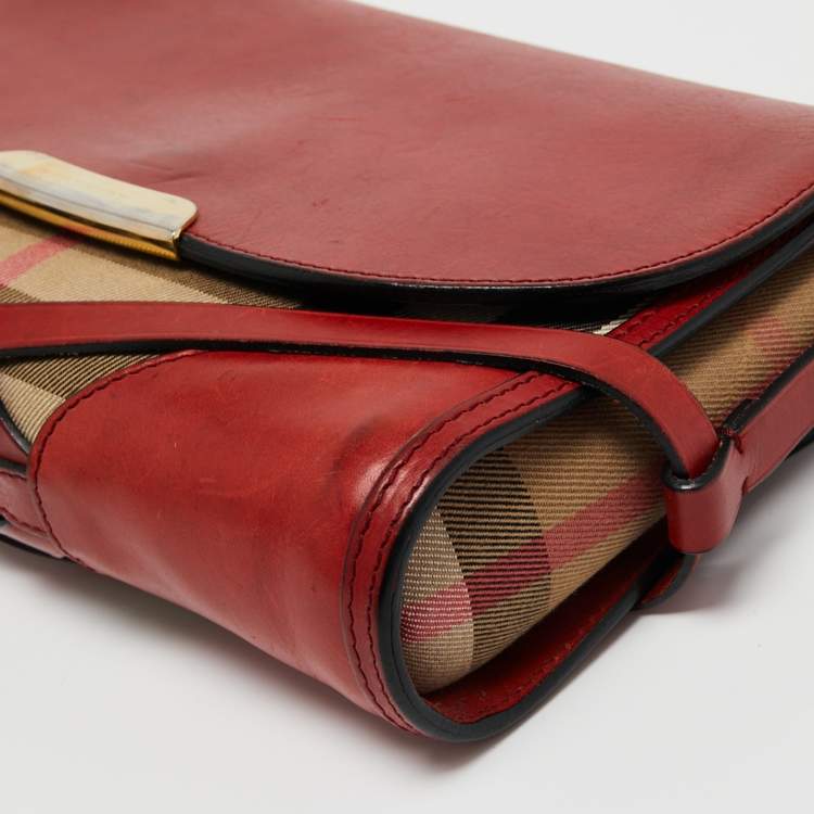 Pre Owned Burberry Red House Check Canvas and Leather Small Abbott Crossbody Bag