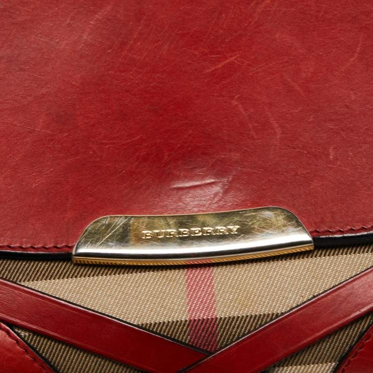 Pre Owned Burberry Red House Check Canvas and Leather Small Abbott Crossbody Bag