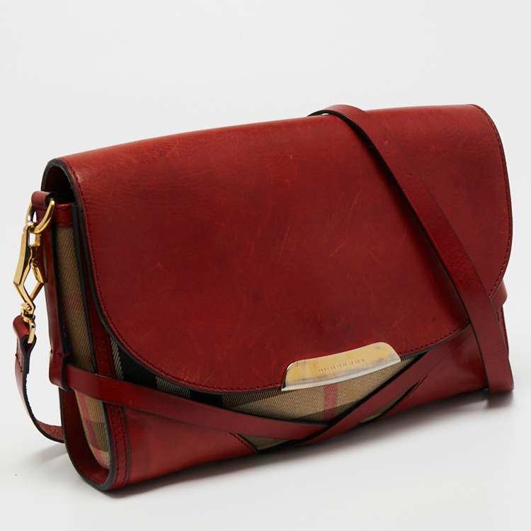 Pre Owned Burberry Red House Check Canvas and Leather Small Abbott Crossbody Bag