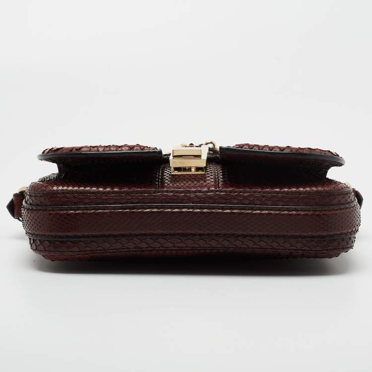 Pre Owned Burberry Burgundy Python and Sued Flap Shoulder Bag