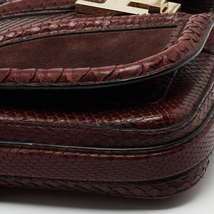 Pre Owned Burberry Burgundy Python and Sued Flap Shoulder Bag