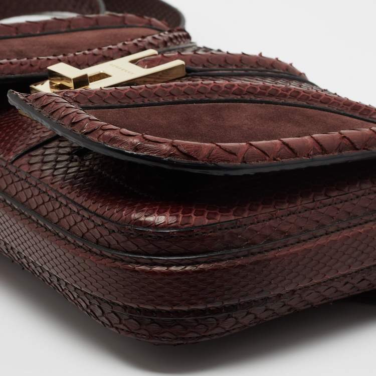 Pre Owned Burberry Burgundy Python and Sued Flap Shoulder Bag