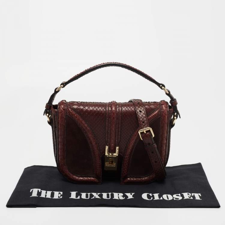 Pre Owned Burberry Burgundy Python and Sued Flap Shoulder Bag