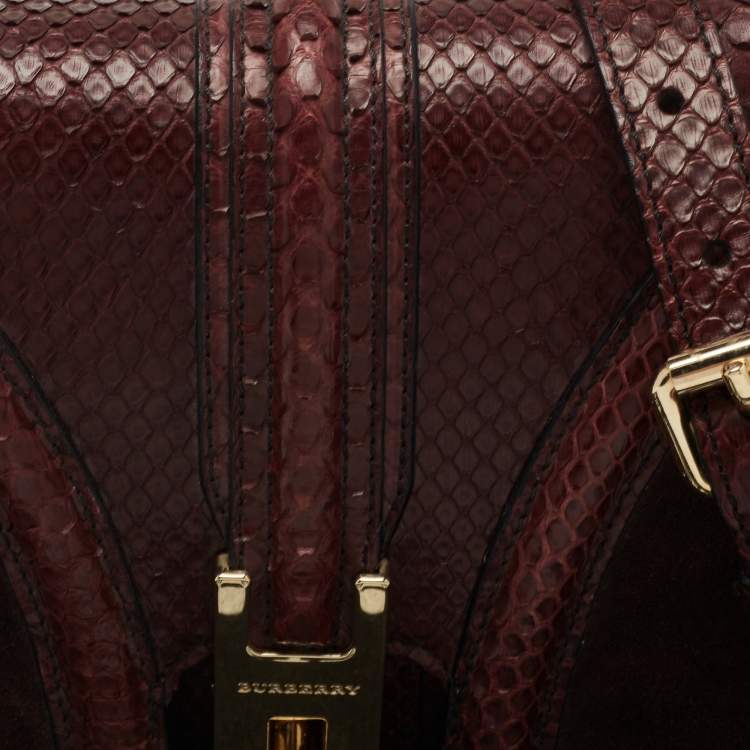 Pre Owned Burberry Burgundy Python and Sued Flap Shoulder Bag